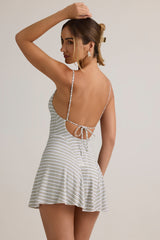 Modal Ribbed Tie-Back A-Line Mini Dress in Blue Yellow Stripe